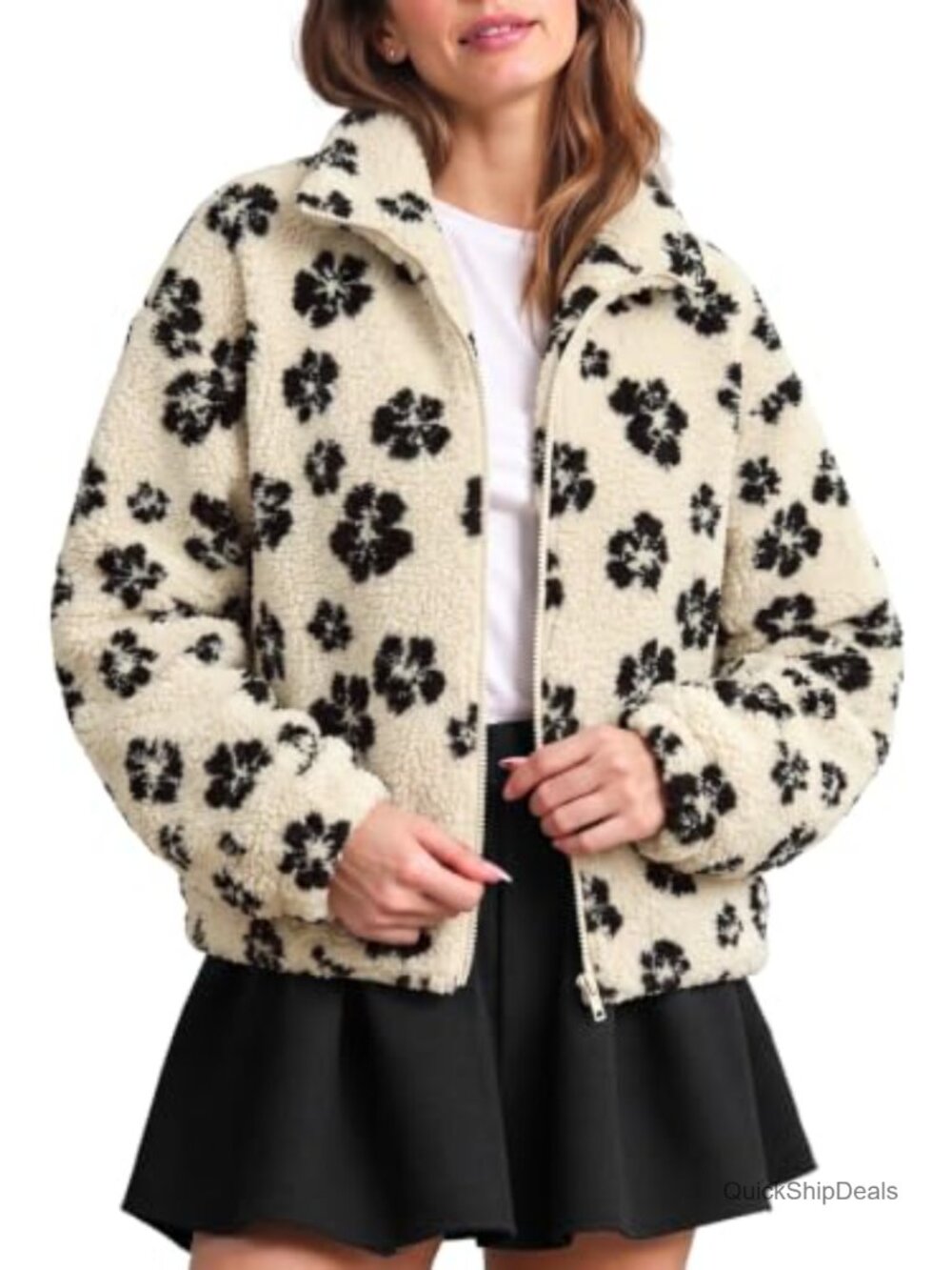 Dokotoo Women's Floral Sherpa Fleece Zip Up Jacket Winter Coat